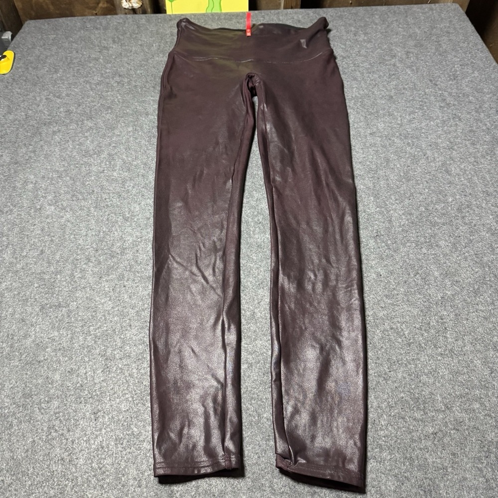 Spanx Faux Leather Leggings Purple Shiny‎ Compression Pants Size L Athletic Gym